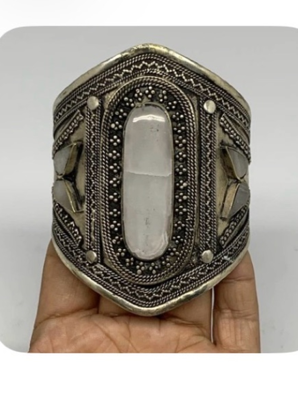 Boho Quartz Silver-Tone Stone Statement Cuff Bracelet